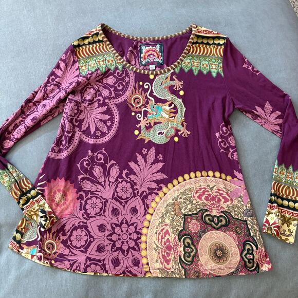 Johnny Was Dragon Floral Boho Top Purple Multicolor Print Size XS (FLAW) Asian - Picture 1 of 6